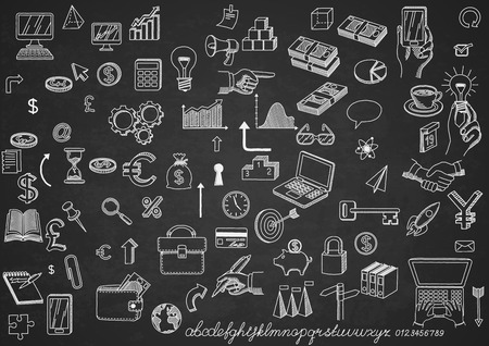 Set of hand drawn icons, on chalkboard, for creating business concepts and illustrating ideas, EPS 10 contains transparency.のイラスト素材