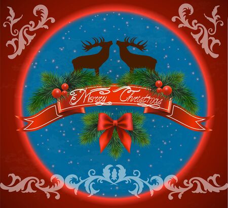 Christmas greeting card with banner and pine tree brunch on red background. EPS 10 contains trnsparency.のイラスト素材