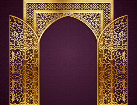 Ramadan background with golden arch, wit opened doors, with golden arabic pattern, background for holy month of muslim community Ramadan Kareem, EPS 10 contains transparency