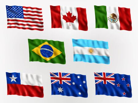 Illustration of waving flags of Americas, and Australia, isolated flag icon, EPS 10 contains transparency.のイラスト素材