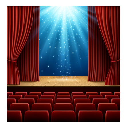 A theater stage with red curtain and red seats, with magic light and stars. EPS 10 contains transparency.のイラスト素材