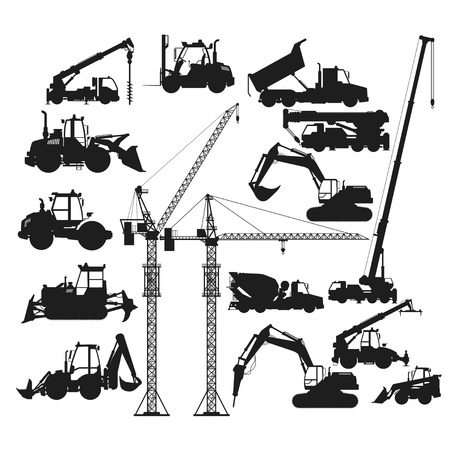 Big collection of construction vehicles and heavy machines, building equipment set, EPS 8のイラスト素材