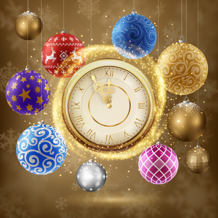 Happy New Year, background with golden clock and sparkles, and christmas balls, EPS 10 contains transparency.のイラスト素材