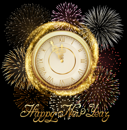 Happy New Year, background with golden clock and sparkles, and fireworks. EPS 10 contains transparency.のイラスト素材