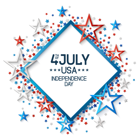 Fourth of july background with frame, on white background and, stars in american flag colors, design for greeting cards and posters. EPS 10 contains transparency.のイラスト素材