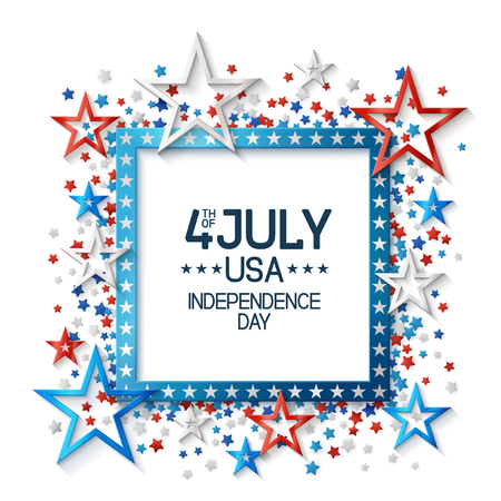 Fourth of july background with frame, on white background and, stars in american flag colors, design for greeting cards and posters. EPS 10 contains transparency.のイラスト素材