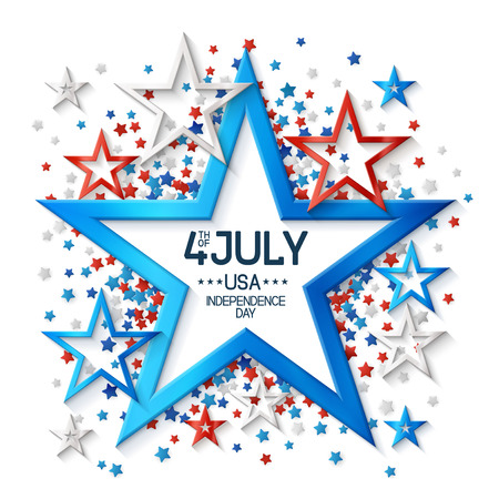 Fourth of july background with star shape frame, on white background and, stars in american flag colors, design for greeting cards and posters. EPS 10 contains transparency.のイラスト素材