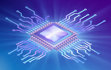 Illustration of microprocessor, isometric circuit board on colorful background with light. EPS 10 contains transparency.のイラスト素材