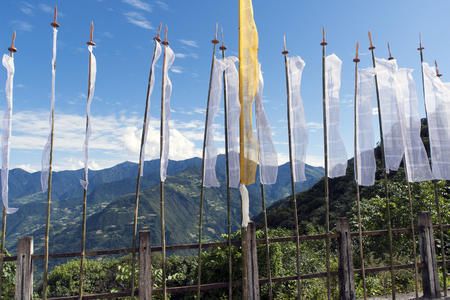 Buddhist Prayer Flags with mountains background - Bhutanの写真素材