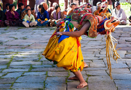 Masked dancers in a traditional festival in Bumthang - Bhutanのeditorial素材