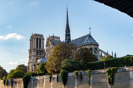 View of Notre Dame de Paris seen from under the Pont de lArcheveche - Paris, Franceの写真素材