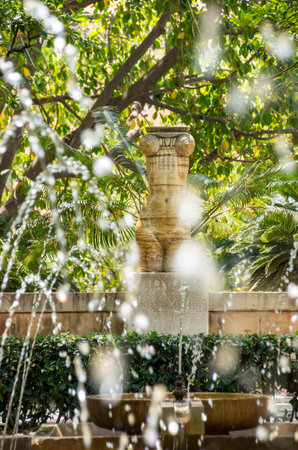 Palma de Mallorca, Spain - June 1, 2018: Close-up on sculpture of Fountain in the gardens of Hort del Rei near The Almudaina and the Cathedral of Palma de Majorca - Spainのeditorial素材