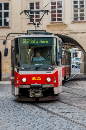 Prague, Czech Republic - August 25 2008: Famous red tramway in old town of Prague.のeditorial素材