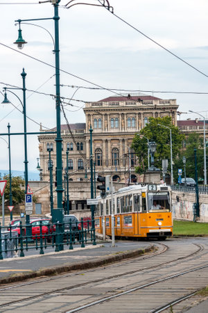 Budapest, Hungary - August 24 2008: Famous yellow tramway two in the streets of Budapestのeditorial素材