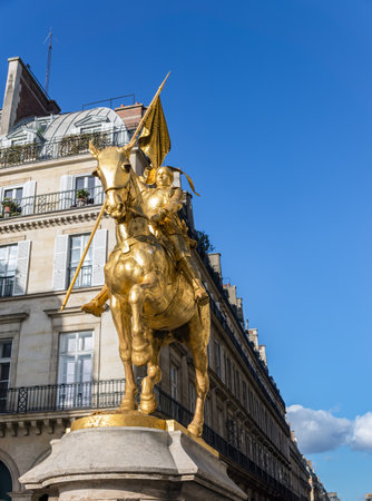 Paris, France - March 11 2019: Statue of (Joan of Arc Jeanne d'Arc in french) on Place des Pyramides in Paris. This gilded bronze equestrian sculpture was created in 1874 by Emmanuel Fremiet.のeditorial素材