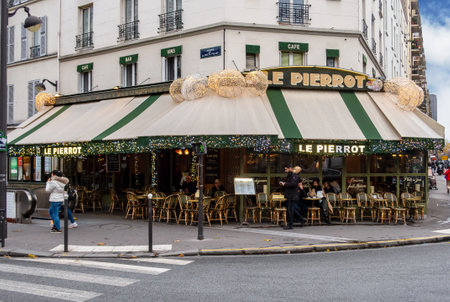 Paris, France - November 29 2019: Typical cafe in Paris located at Motte Picquet-Grenelle crossroad.のeditorial素材