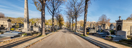 Paris, France - November 22 2019: Montparnasse Cemetery main path in autumnのeditorial素材
