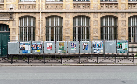 Paris, France - March 11 2020: Row of the official boards of candidates for 2020 French municipal election in the 15th district of Parisのeditorial素材