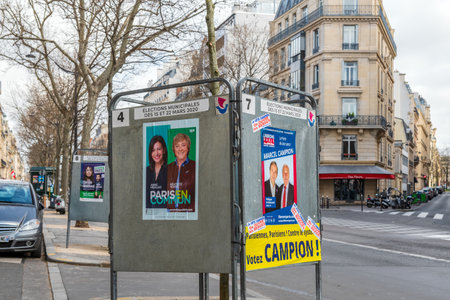 Paris, France - March 15 2020: Official boards of candidates for 2020 French municipal election in the 16th district of Parisのeditorial素材