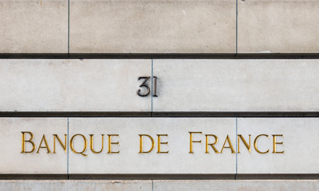 Paris, France - April 14, 2019: Banque de France sign on the facade of a building at rue Croix des Petits Champs in Parisのeditorial素材