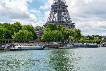 Paris, France - June 15 2020: Seine river Cruise boats waiting for the end of the Covid-19 Lockdown and return of touristsのeditorial素材