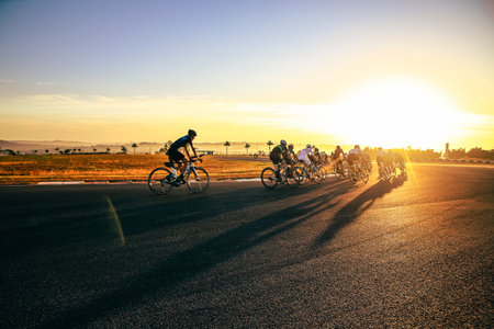 Silhouette of group of cyclists riding on the road at sunsetの写真素材