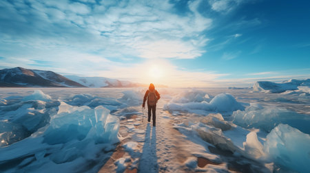 Man standing on the ice of frozen lake. 3d rendering.の素材