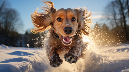 cocker spaniel dog jumping in the snow and having fun in winterの素材