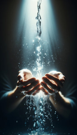 Close up of human hands with water splashes on dark background.の素材