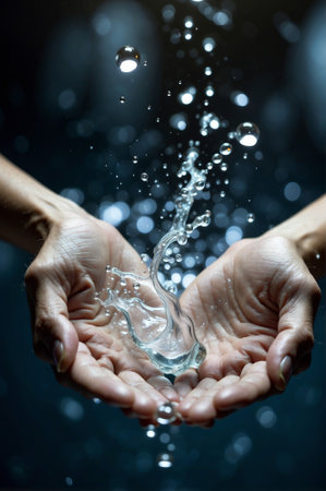 Water splashes in female hands on a dark background. Shallow depth of field.の素材