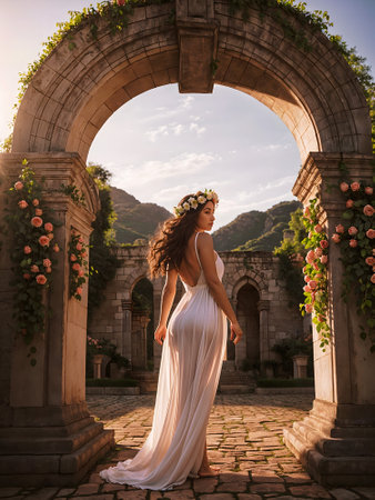 Beautiful woman in white dress on the background of the arch.の素材