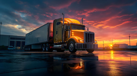 Truck on the road at sunset. Transportation and logistics concept.の素材