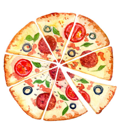 watercolor food illustration pizza burger shawarma hot-dog pattern sushi pancakes colorful realicticの写真素材