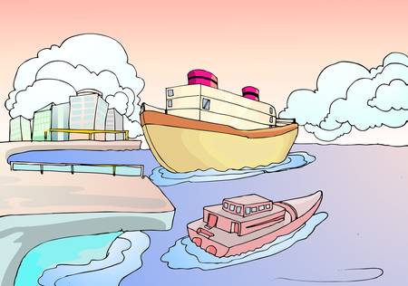 boat harbor with city backgroundのイラスト素材