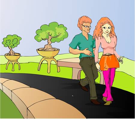 a couple walking with happy expressionのイラスト素材