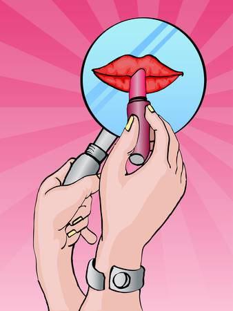 hand holding lipstick and mirrorのイラスト素材