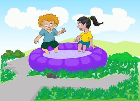 happy little couple playing water on water poolのイラスト素材