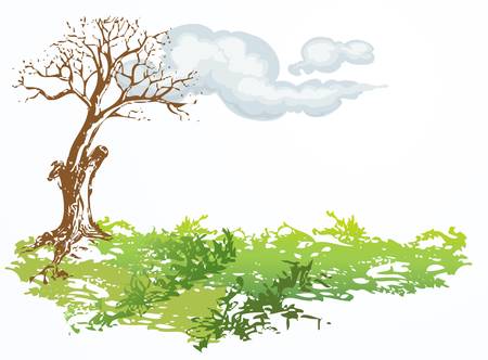 dry tree and green grassのイラスト素材