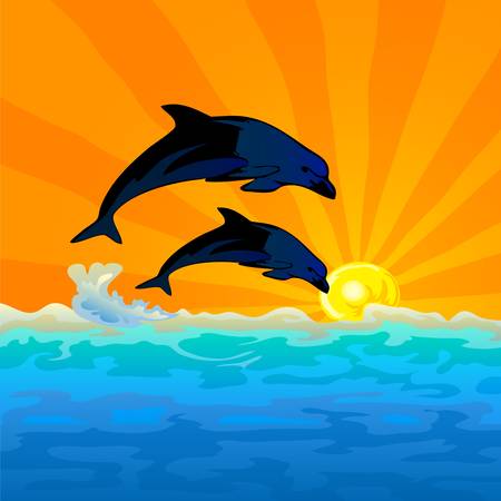 dolphin jump with sunset backgroundのイラスト素材