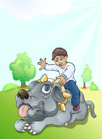 illustration of boy riding running bulldogのイラスト素材