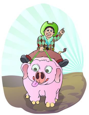 little cowboy riding funny pigのイラスト素材