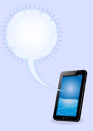 tablet pc with bubble text on blue backgroundのイラスト素材