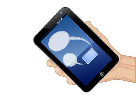 hand holding tablet pc with bubble text isolated on whiteのイラスト素材