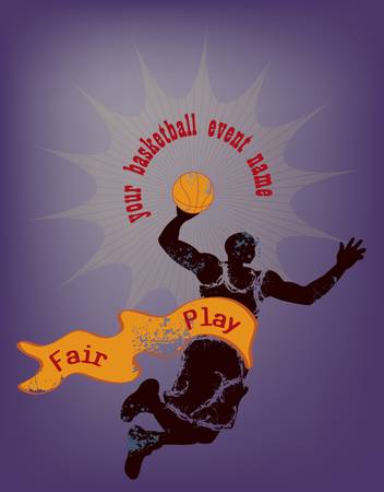 basketball design template with man jumping holding basket ball, and ribbon on blue backgroundのイラスト素材