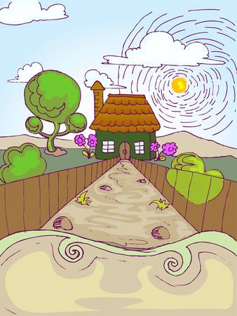 hand draw illustration of little house in summer dayのイラスト素材