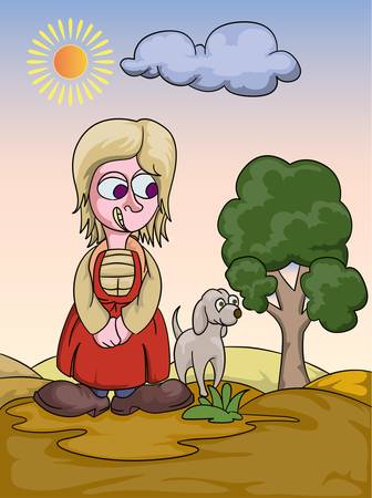 girl walking with dog in the morningのイラスト素材