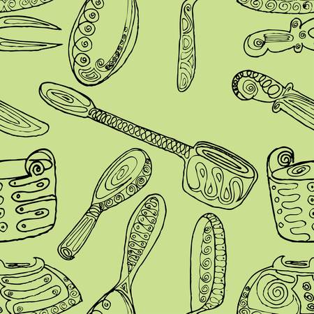 kitchen set hand draw seamless patternのイラスト素材