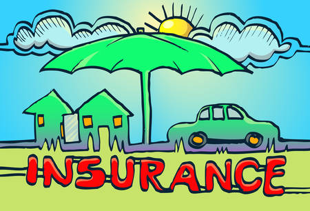 umbrella protecting house and car under cloud and sun as insurance symbolのイラスト素材