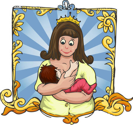Pretty Mom holding her baby cartoon hand draw illustrationのイラスト素材