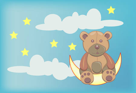 cute teddy bear sitting on moon cartoon illustrationのイラスト素材